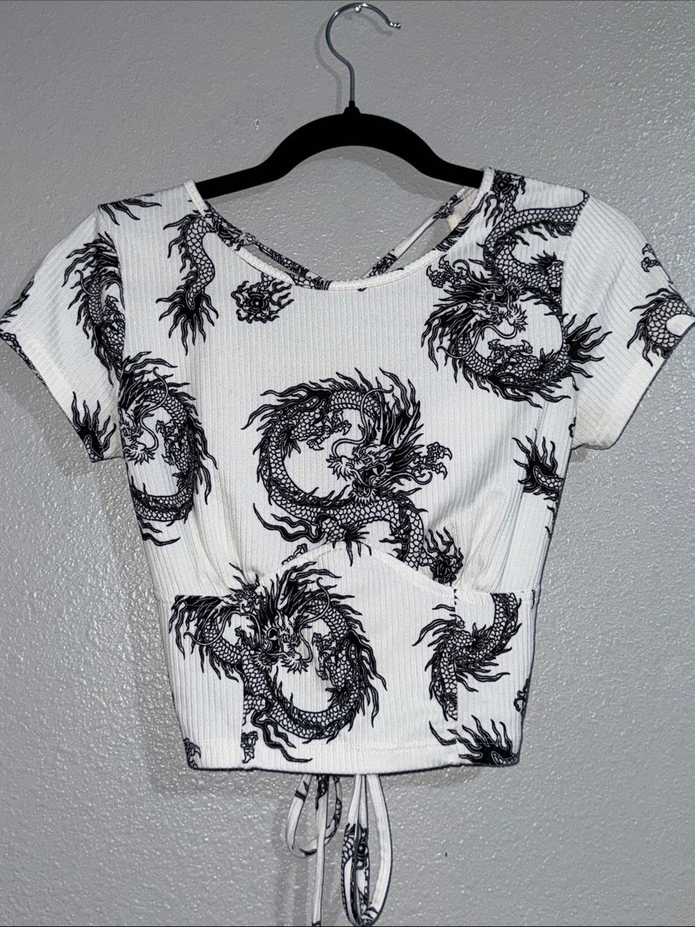 Just Polly White Dragon Print Ribbed Cropped Top with Drawstring on back